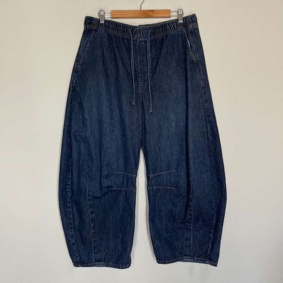 Old Navy Jeans Women's L Blue Barrel Baggy High Rise Dark Wash Pull On - Picture 1 of 11